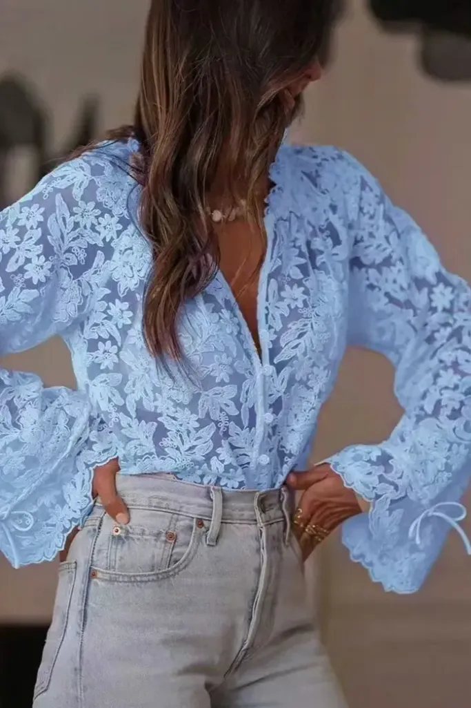 Light Blue Lace V-Neck Top - Image 1