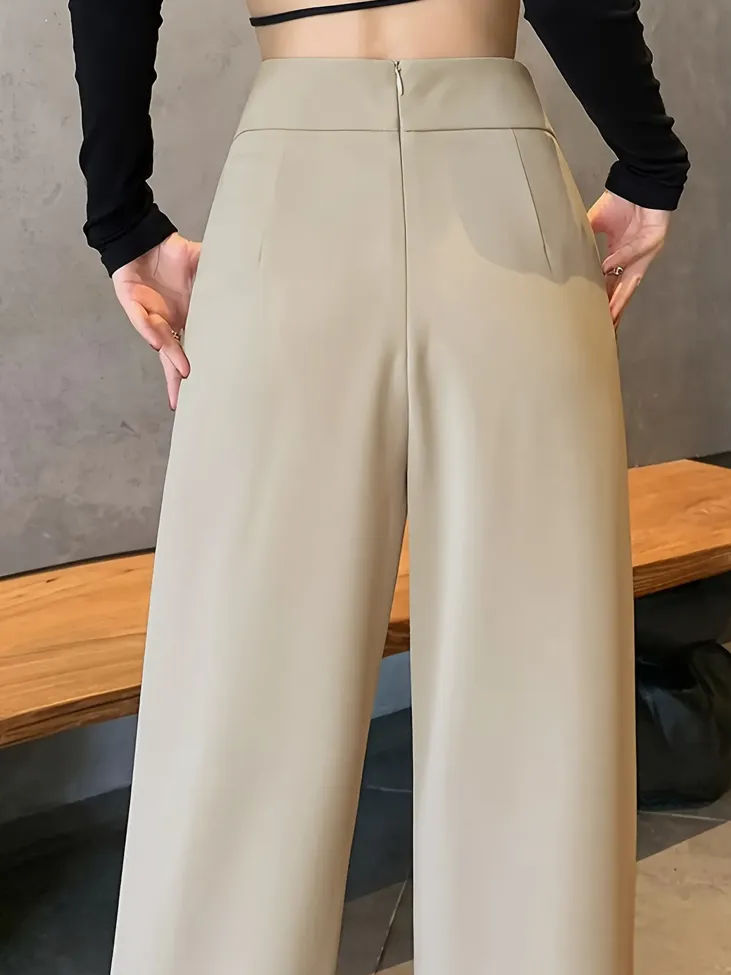 Beige Solid High Rise Trousers - Image 1