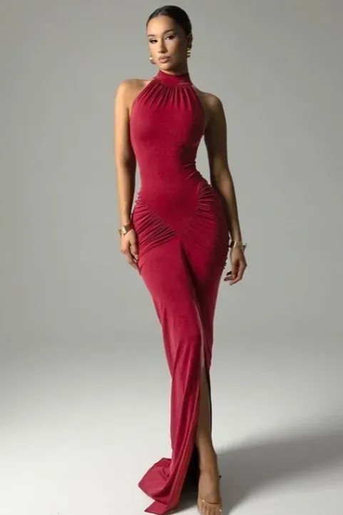 Red Ruched High Neck Maxi Dress - Image 1