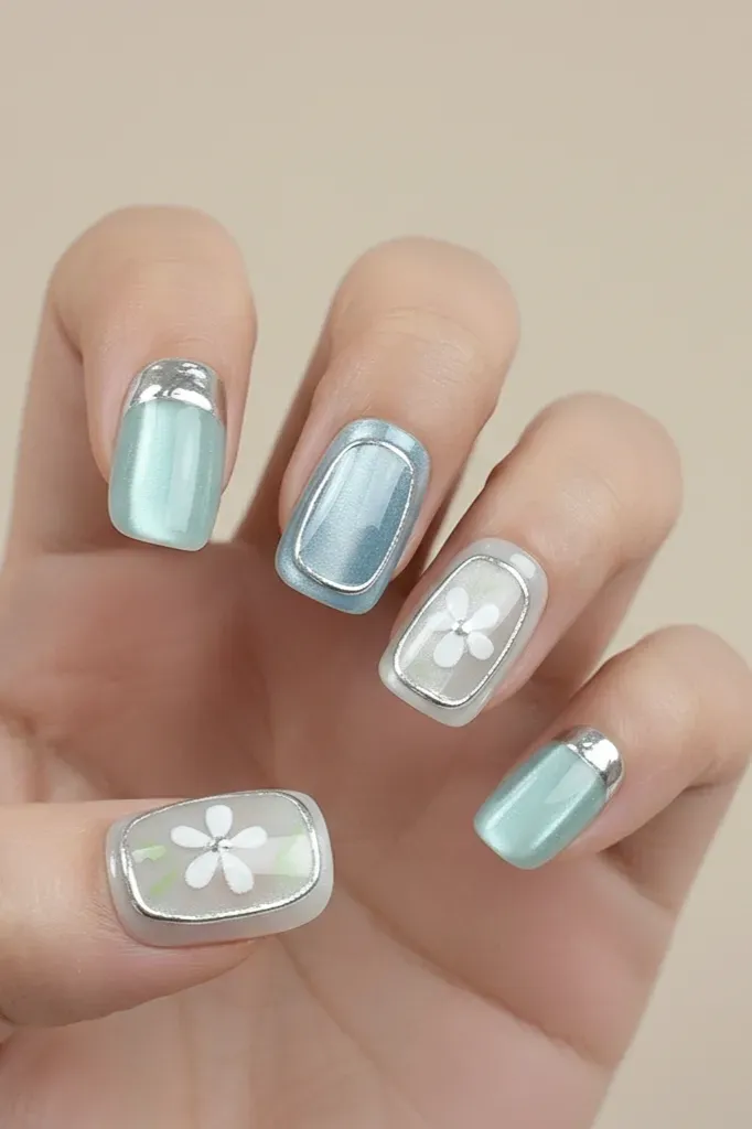 Teal Floral Press On Nails - Image 1