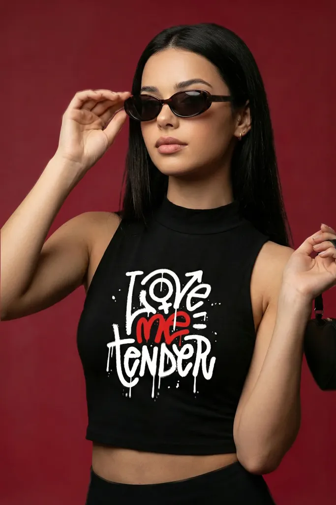 Black High Neck Typography Crop T-Shirt - Image 1
