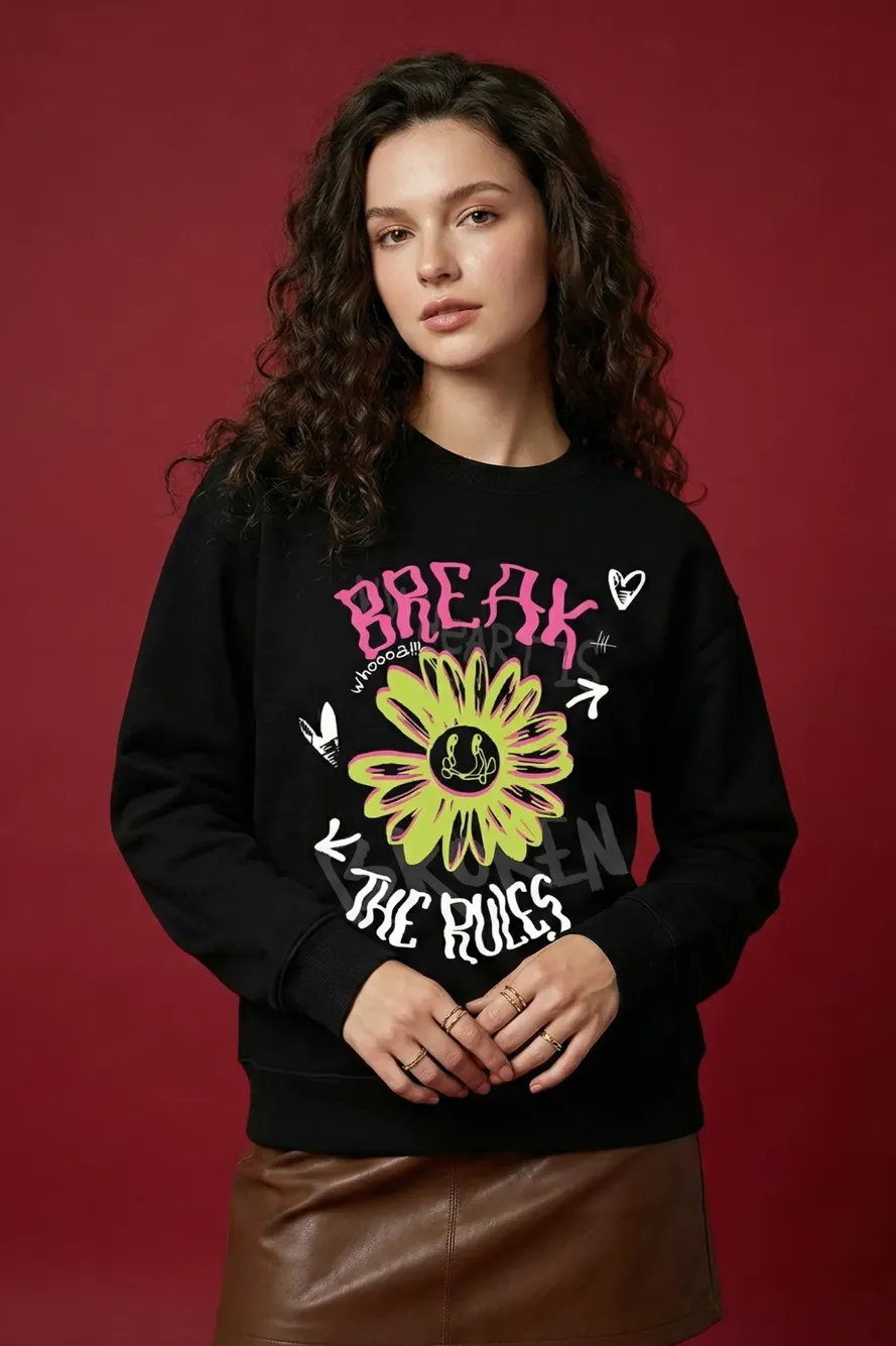 Black Oversized Floral Applique Sweatshirt - NEWME