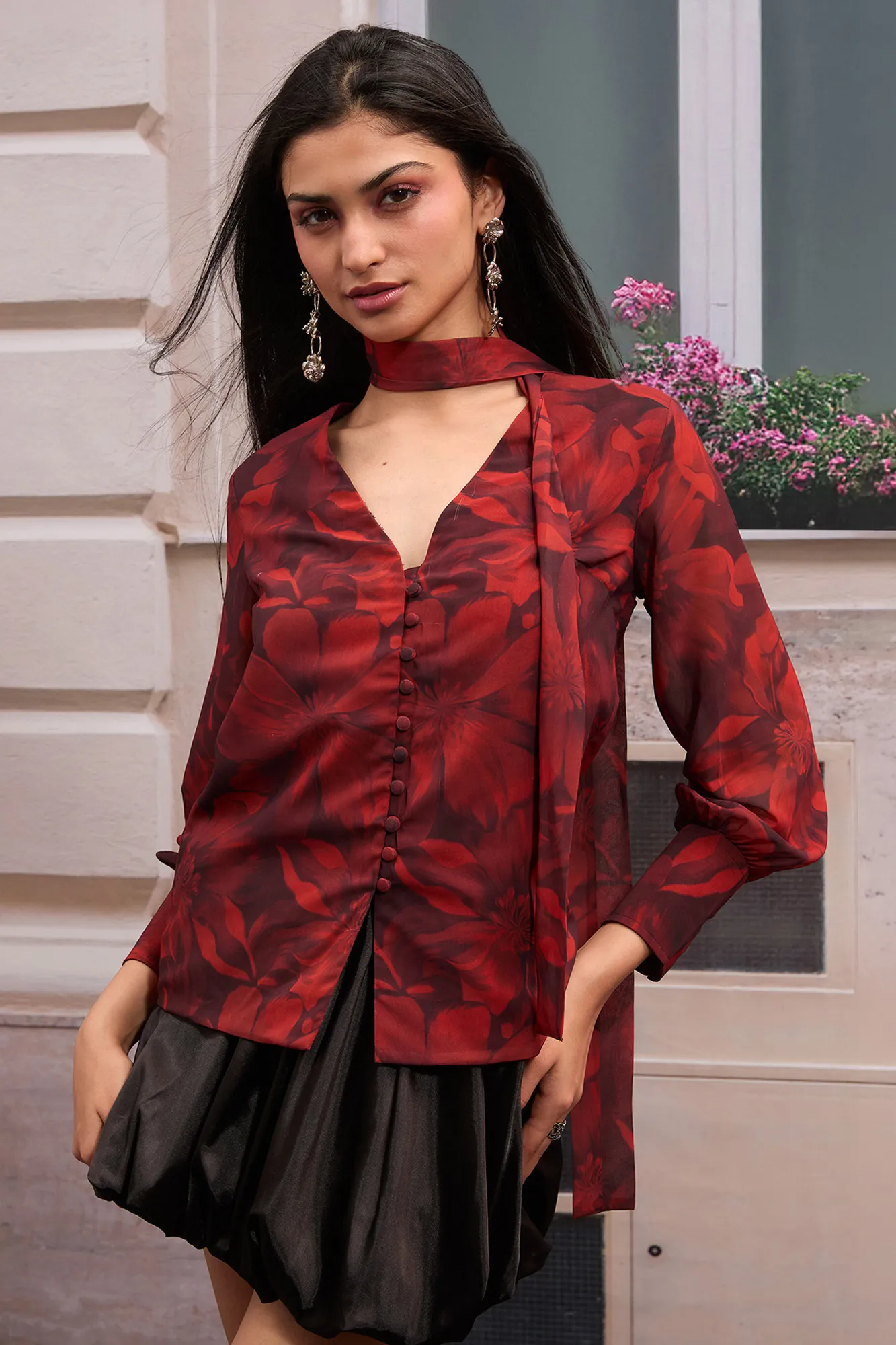 Red Floral V-Neck Buttoned Top