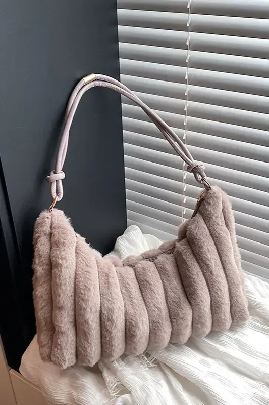 Light Brown Solid Faux Fur Shoulder Bag - Image 1