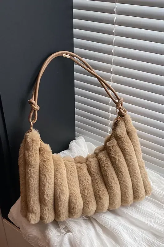 Beige Solid Faux Fur Shoulder Bag - Image 1