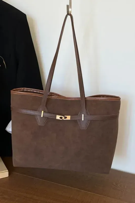 Dark Brown Solid Suede Tote Bag - Image 1