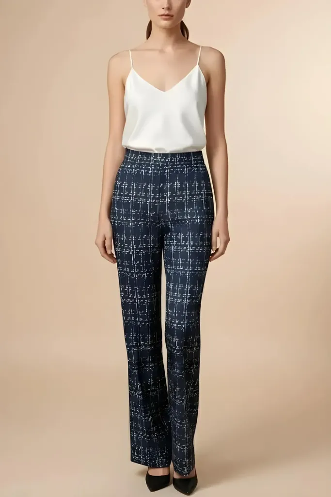 Navy High Rise Abstract Check Trousers - Image 1