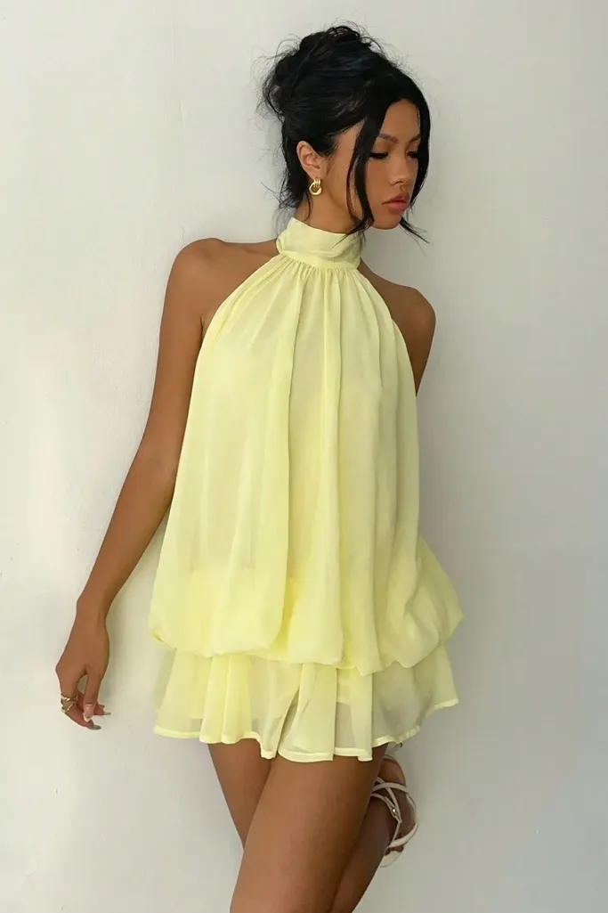 Light Yellow Solid Halter Neck Mini Dress - Image 1