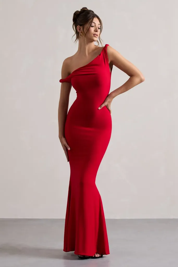 Red One-Shoulder Mermaid Maxi Dress - Image 1