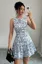 Blue Floral Crew Neck Mini Dress