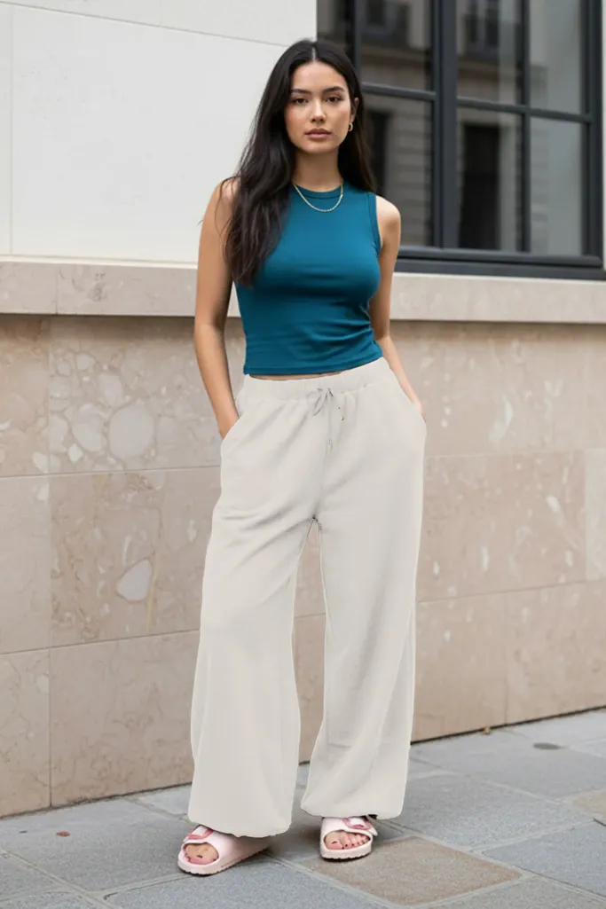 White Mid Rise Drawstring Pants - Image 1