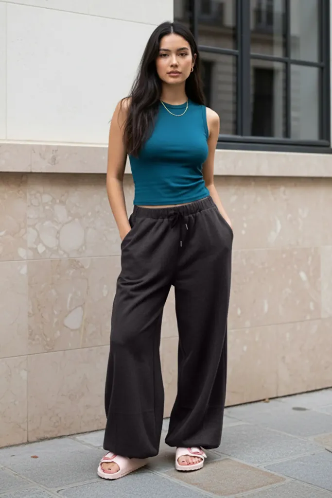 Dark Grey Mid Rise Drawstring Pants - Image 1