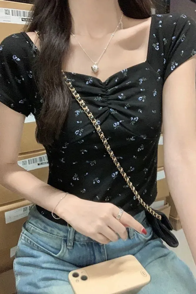 Black Ruched Floral Crop Top - Image 1