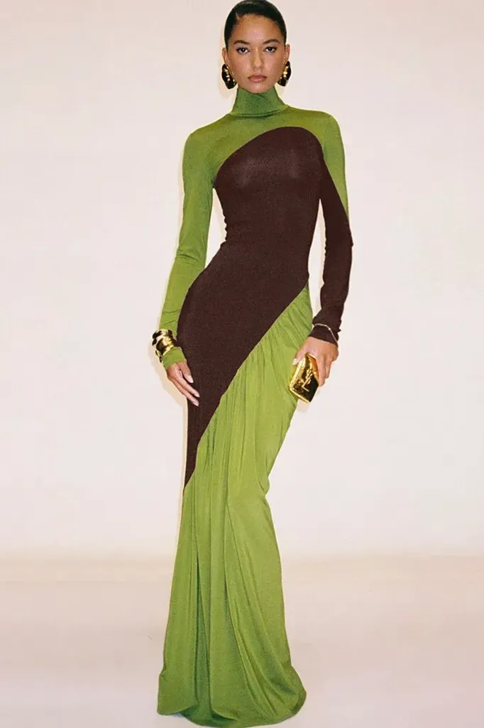 Green Colourblocked Ruched Mermaid Maxi Dress - Image 1