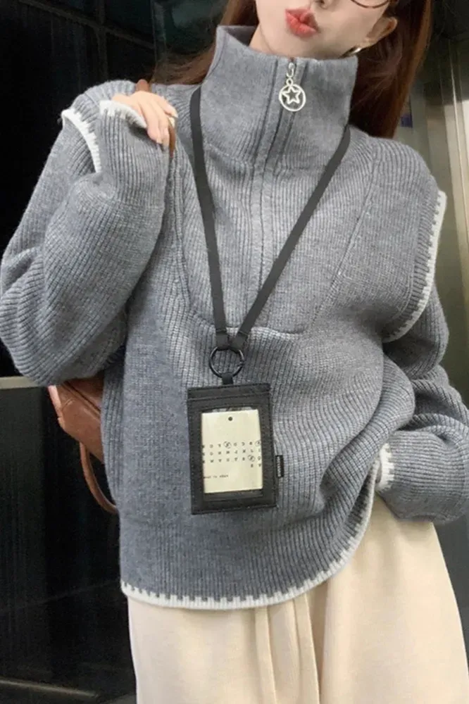 Grey Solid Zip Collar Neck Sweater - Image 1