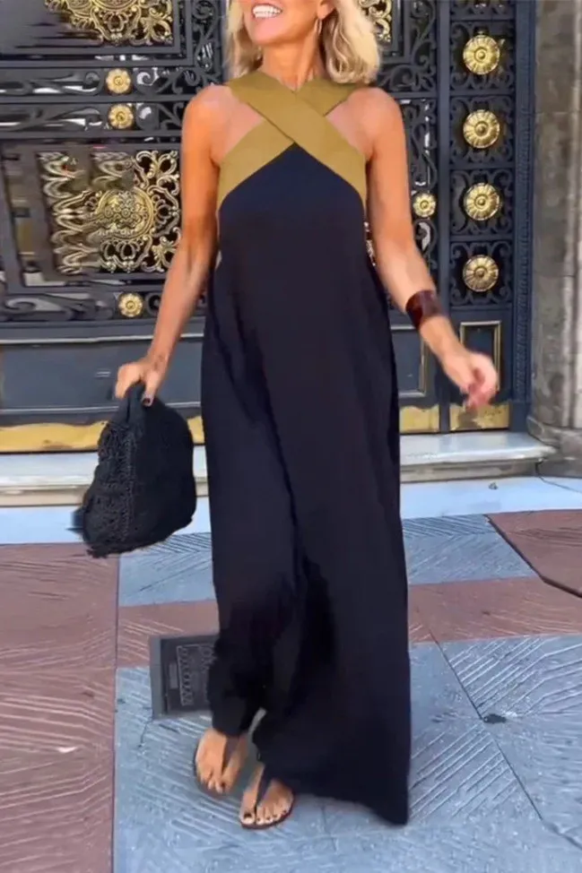 Black Halter Neck A-Line Maxi Dress - Image 1