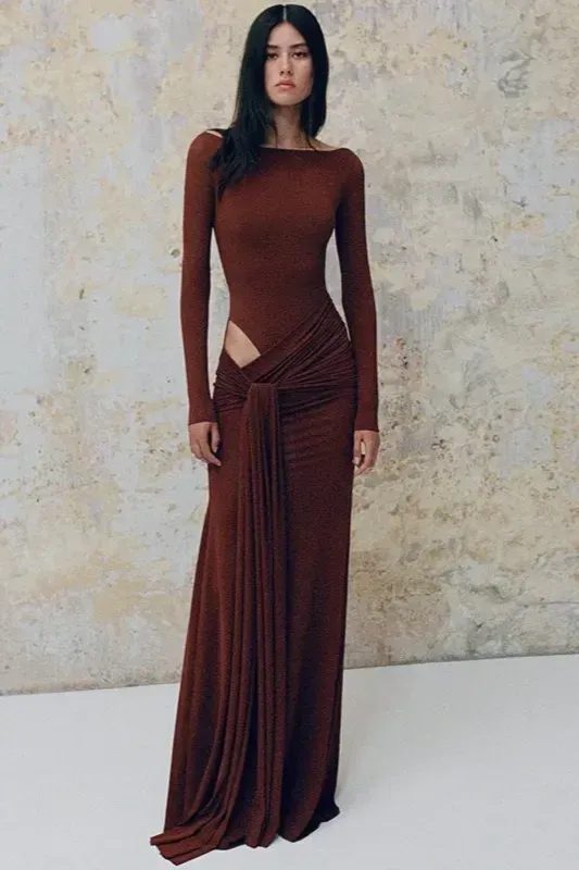 Brown Off-Shoulder Draped Maxi Dress - Image 1