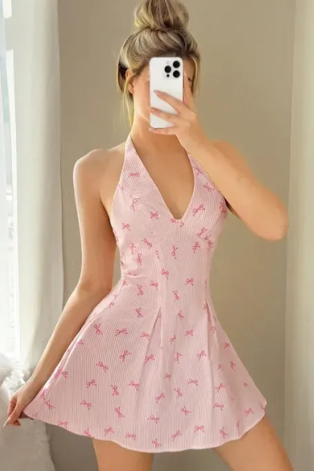 Pink Bow Print Halter Mini Dress - Image 1