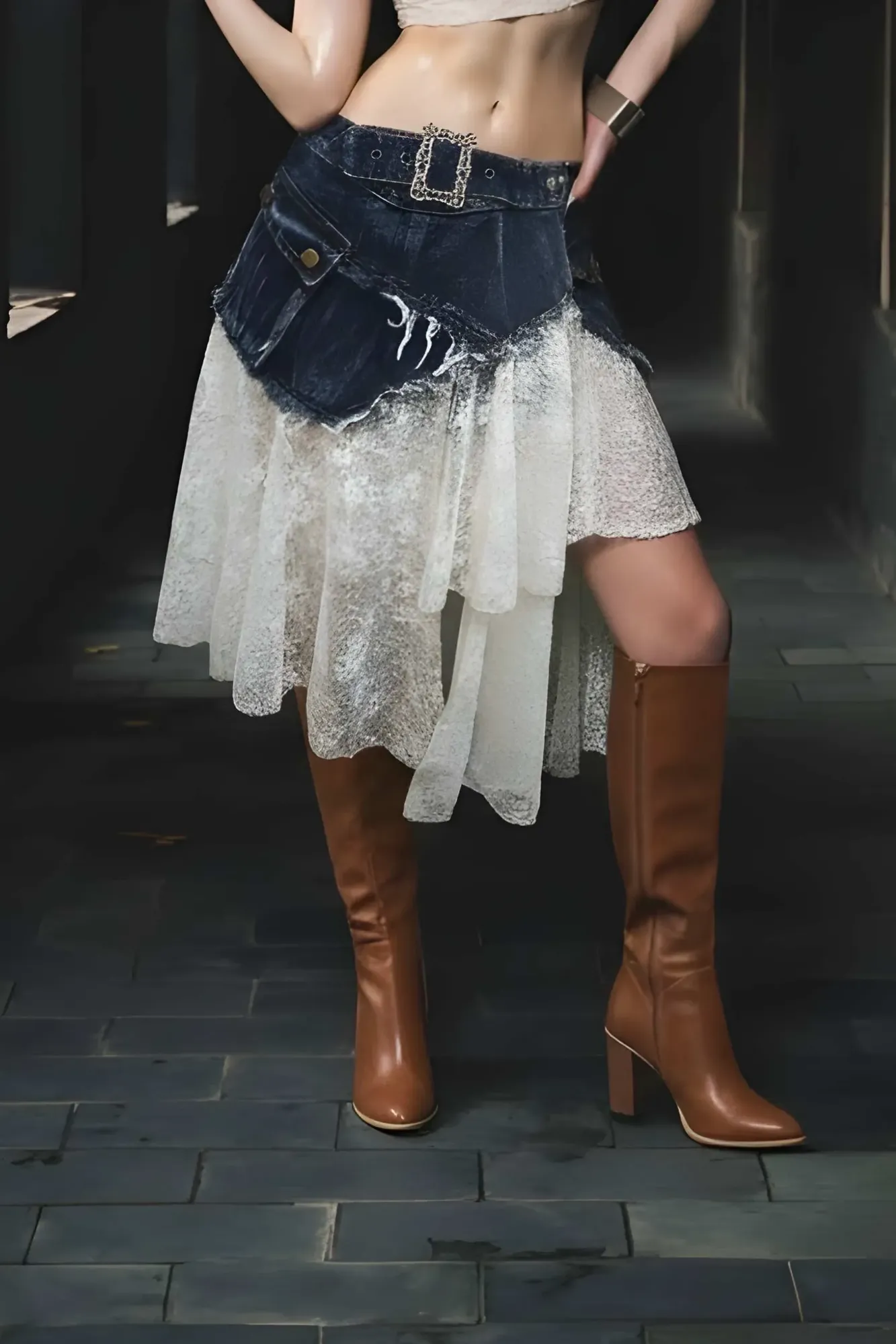 White Lace Tiered Denim Skirt