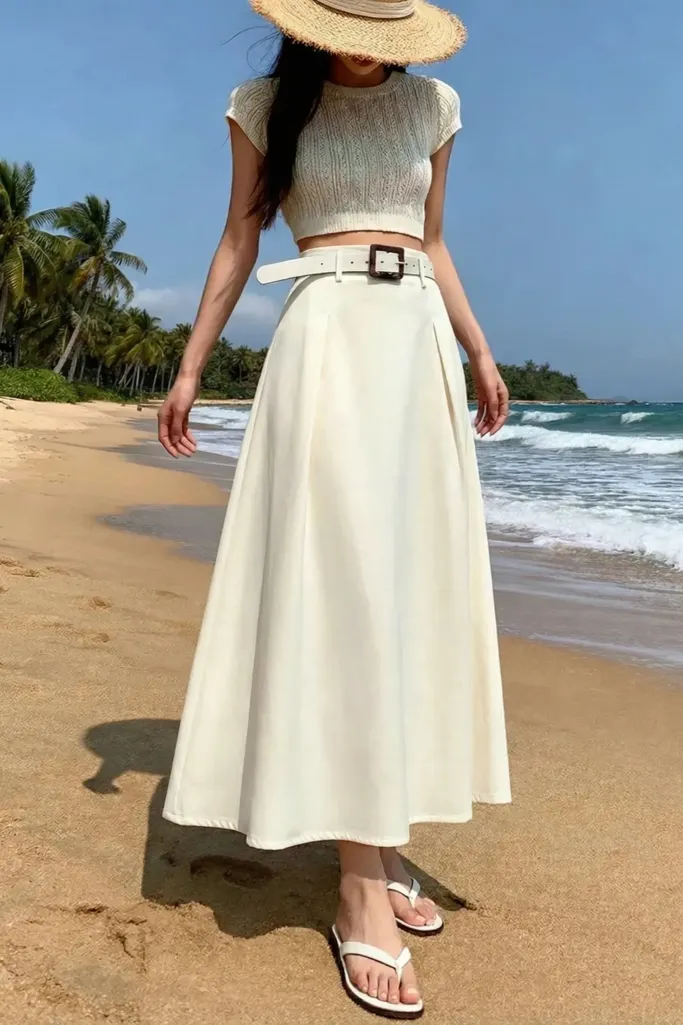 Off White High Rise Midi Skirt - Image 1
