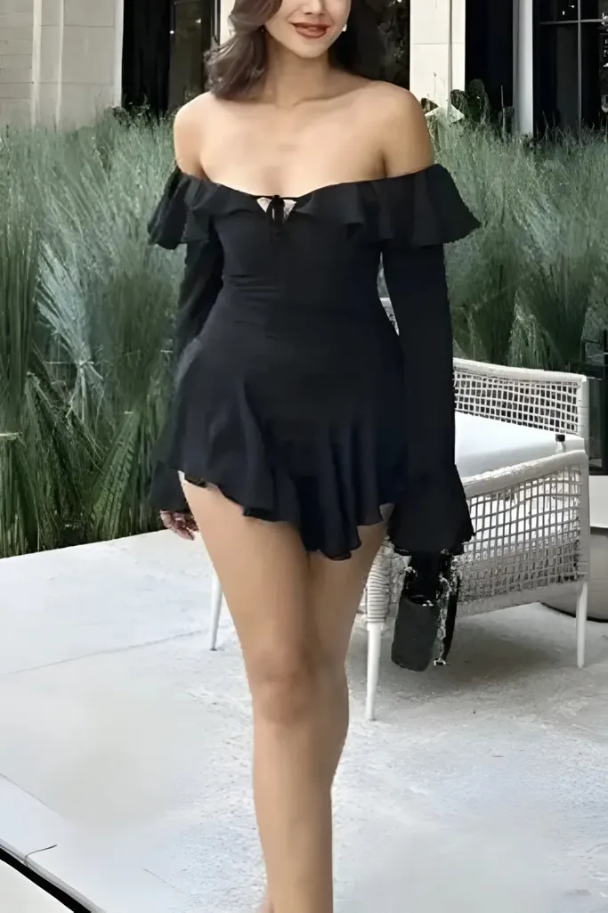 Black Off Shoulder Mini Dress - Image 1