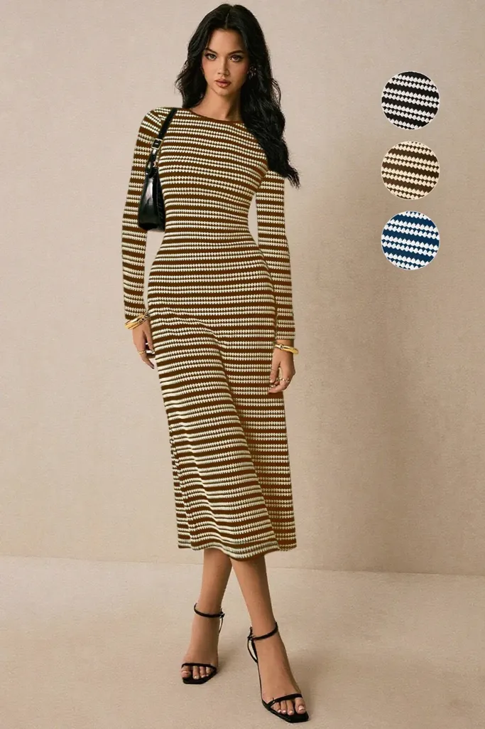 Brown Striped Bodycon Midi Dress - Image 1
