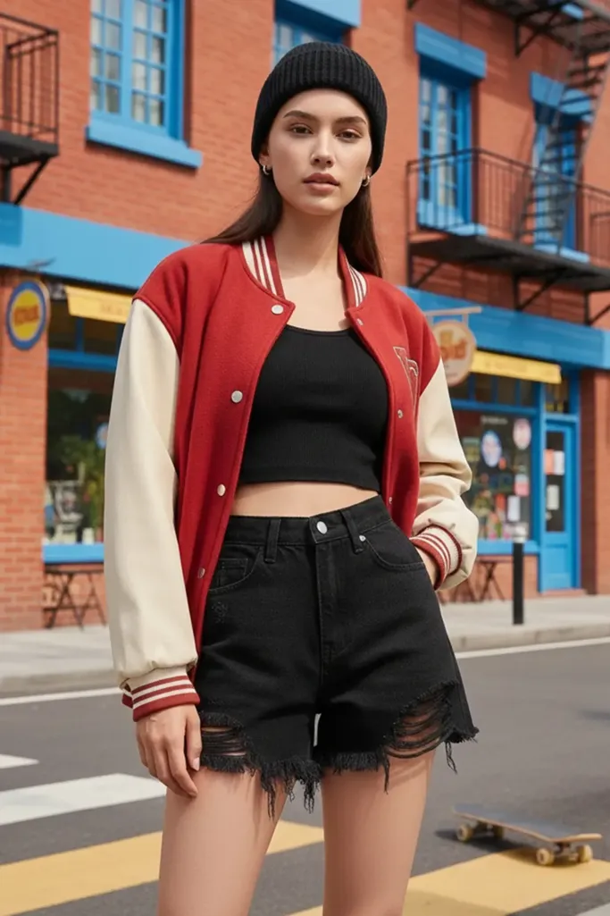Maroon Graphic Oversized Varsity Jacket - Image 1
