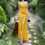 Yellow Solid Spaghetti Straps Draped Dress