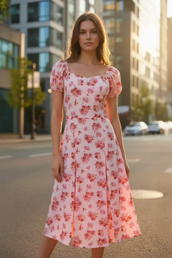 Pink Ditsy Scoop Neck Midi Dress - Image 1