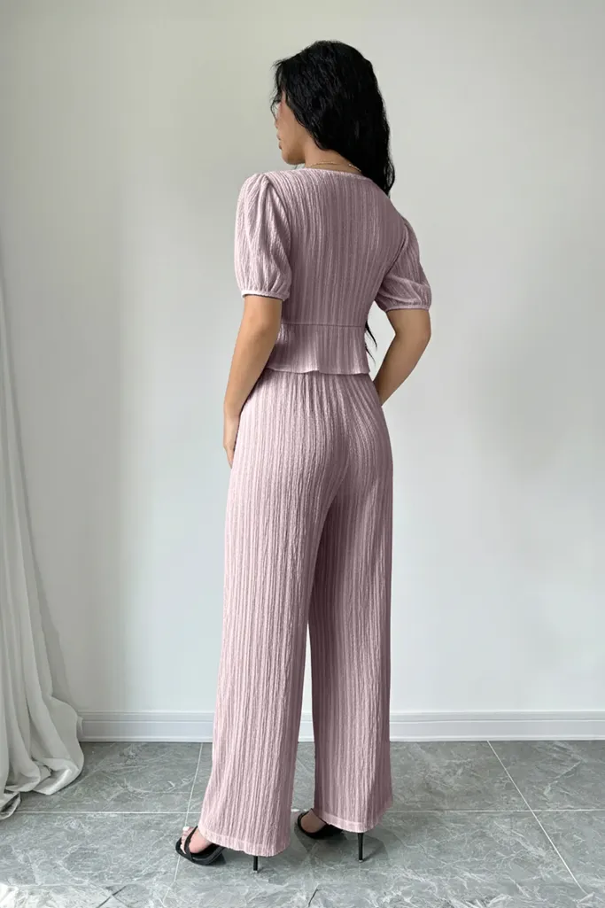 Pink Textured V-Neck Tie-Up Co-Ord Set - Image 1