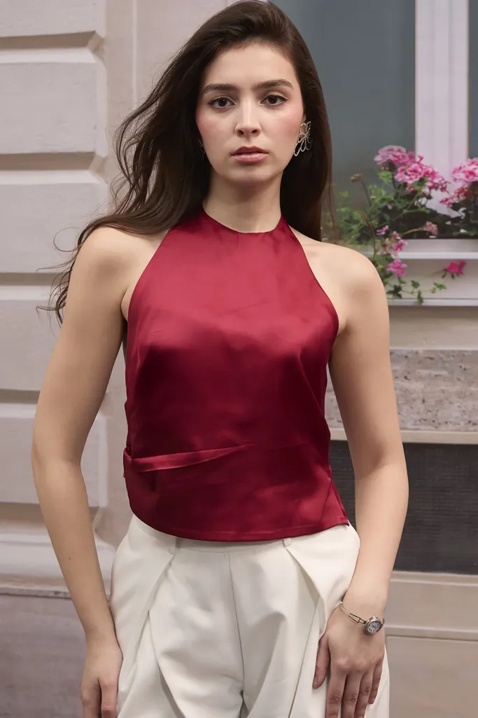 Red Solid Halter Neck Top - Image 1