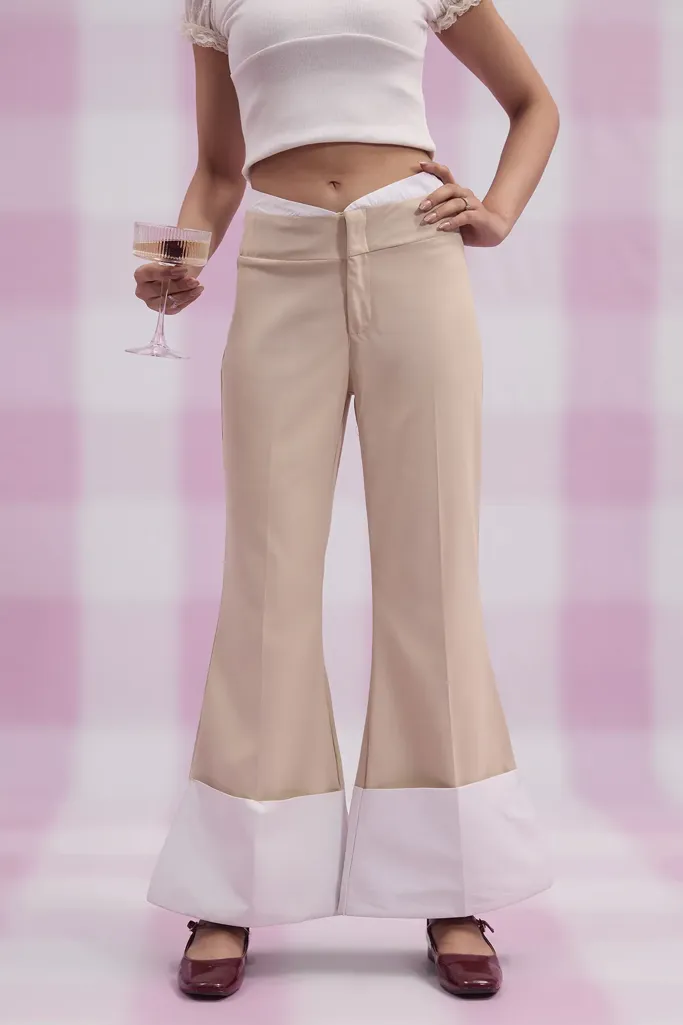 Beige Mid Rise Bell Bottom Trousers - Image 1
