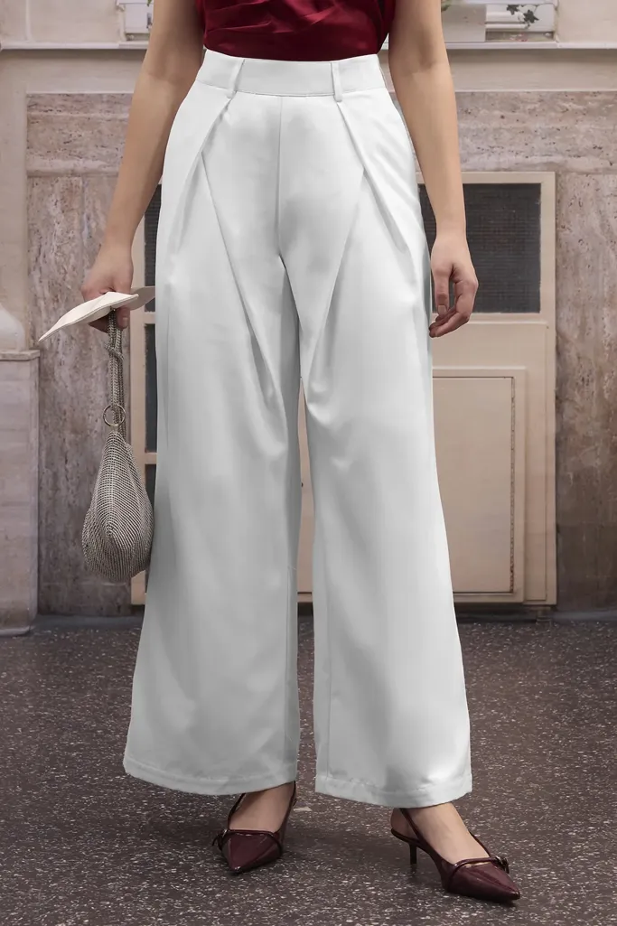 White Mid Rise Pleated Trousers - Image 1
