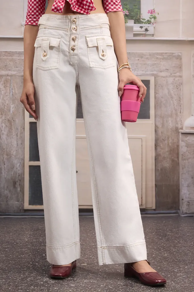 Whie Solid High Rise Jeans - Image 1