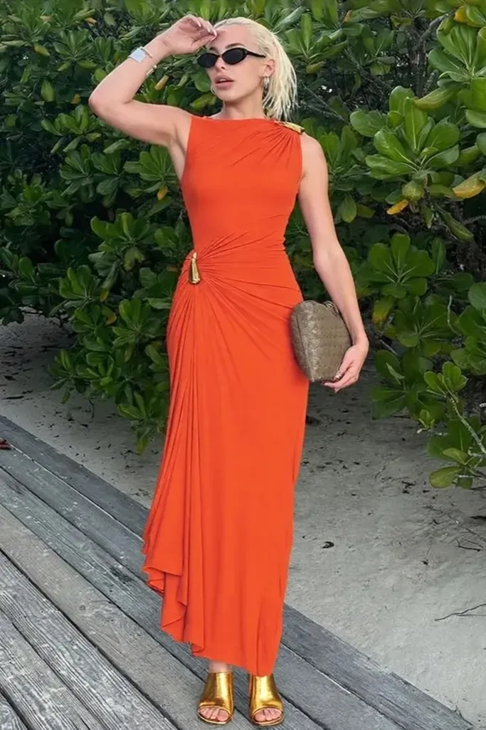 Orange Solid Ruched Maxi Dress - Image 1