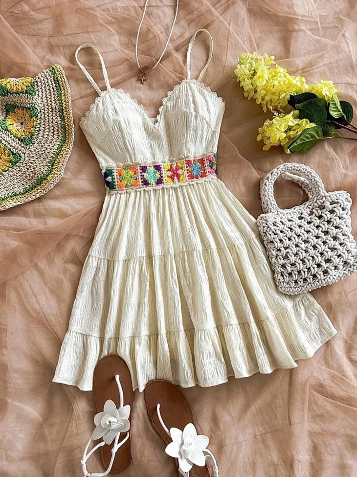 Off White Embroidered Mini Dress - Image 1