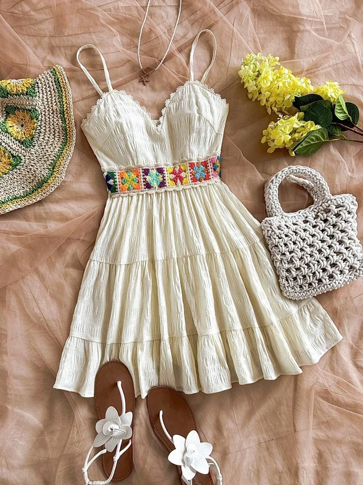 Off White Embroidered Mini Dress