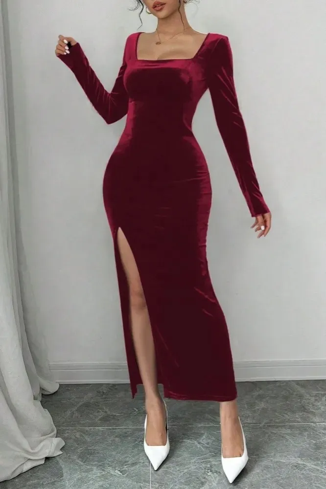 Maroon Sqaure Neck Slit Maxi Dress - Image 1
