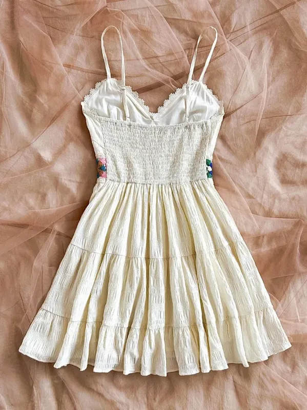 Off White Embroidered Mini Dress - NEWME