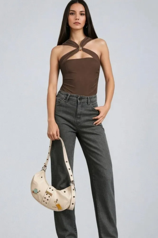 Brown Solid Cut Out Bodysuit - Image 1