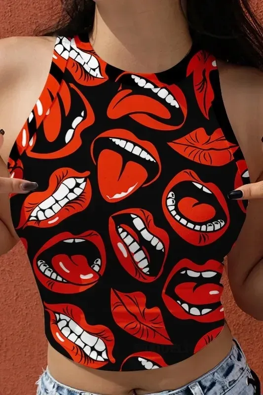 Black Graphic Crew Neck Crop Top - Image 1