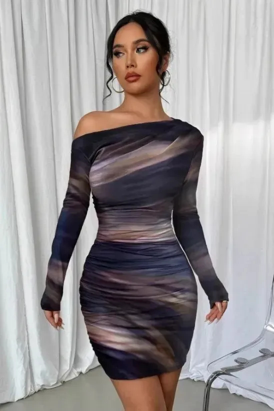 Dark Purple Abstract One Shoulder Mini Dress - Image 1