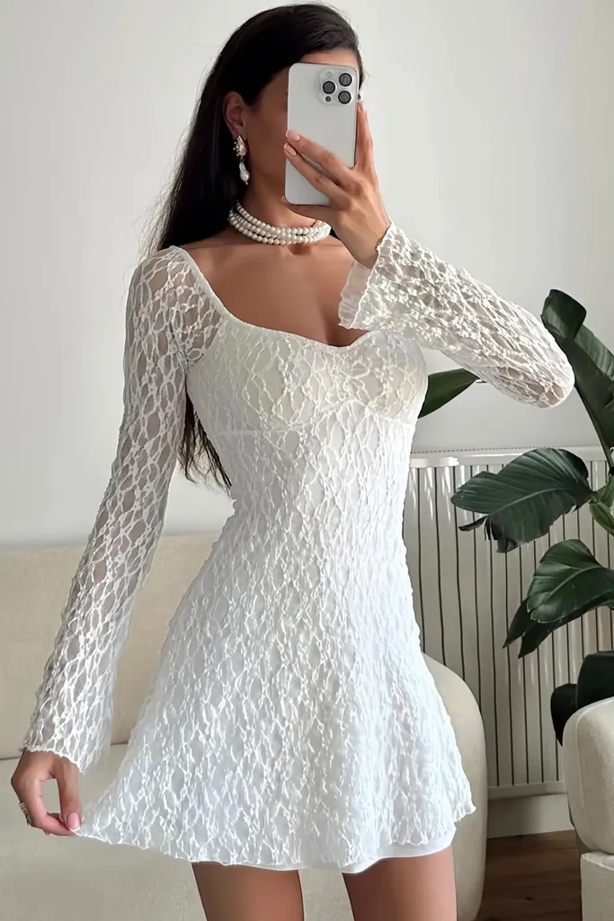 White Sweetheart Neck Mini Lace Dress - Image 1