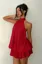 Red Solid Tiered Mini Halter Dress