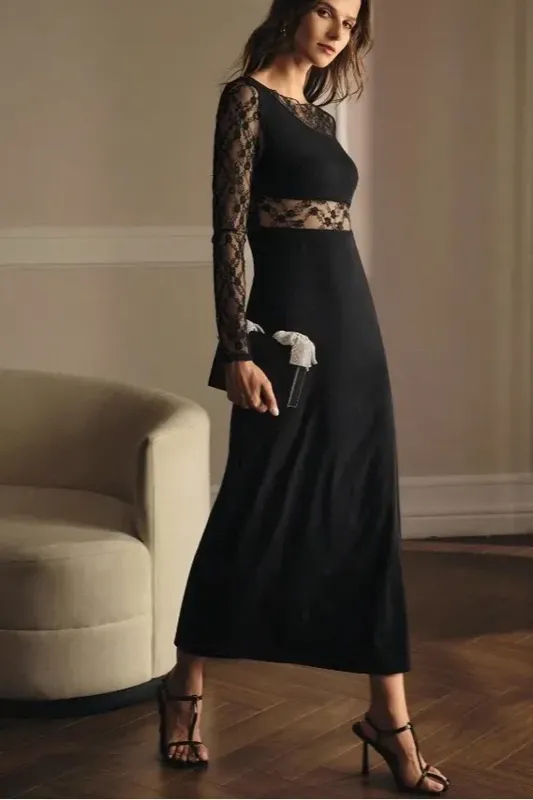 Black Solid Lace Maxi Dress - NEWME