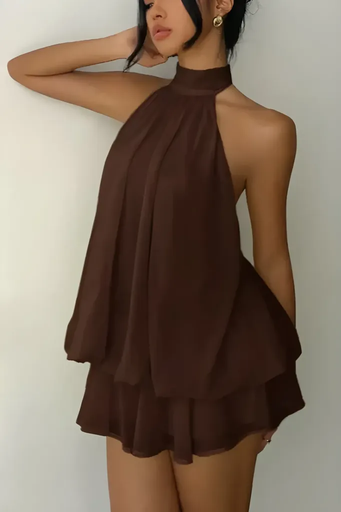 Dark Brown Tiered Mini Halter Dress - Image 1