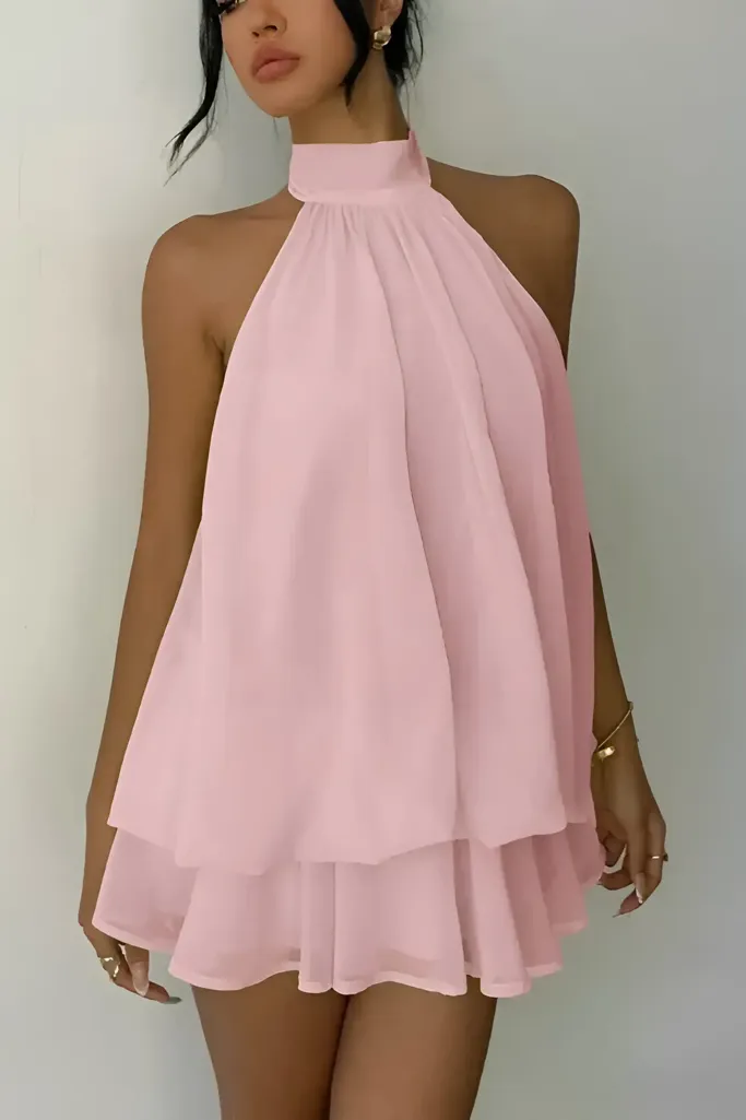 Light Pink Tiered Mini Halter Dress - Image 1