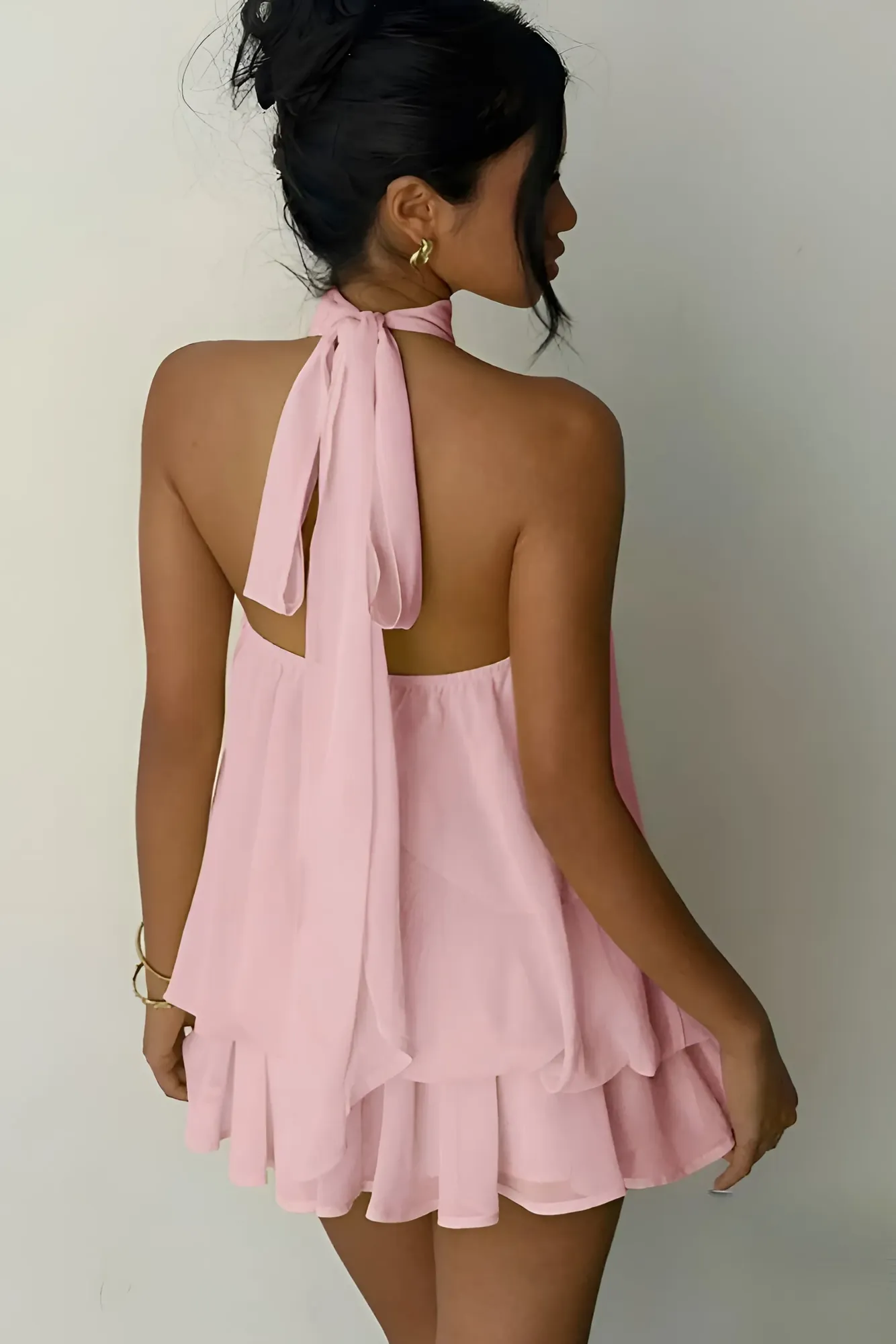 light pink halter neck dress Women's Baby Pink Woven Tie Halter Neck Dress
