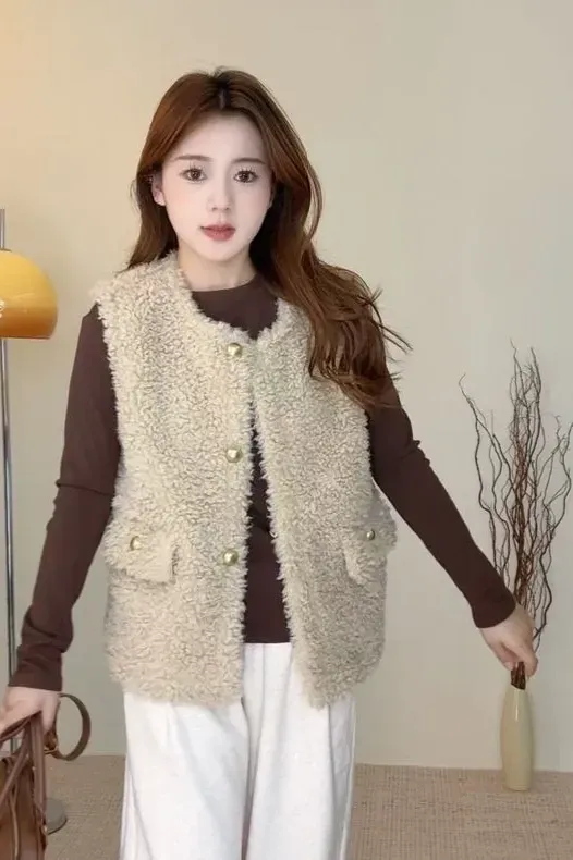 Beige Oversized Fur Button Down Jacket - Image 1