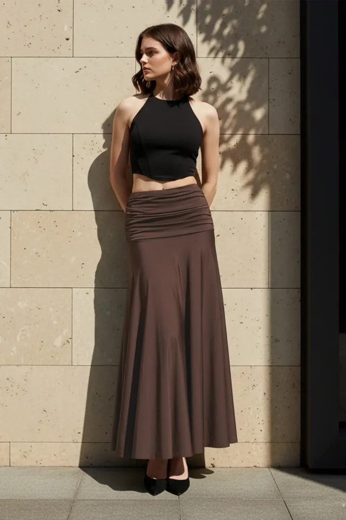 Brown Mid Rise Ruched Maxi Skirt - Image 1